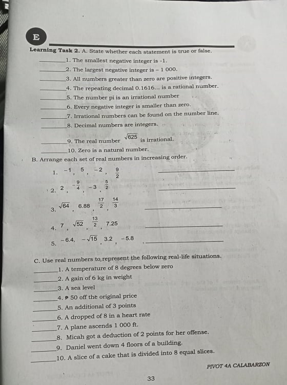  E Learning Task 2. A. State whether each statement is true