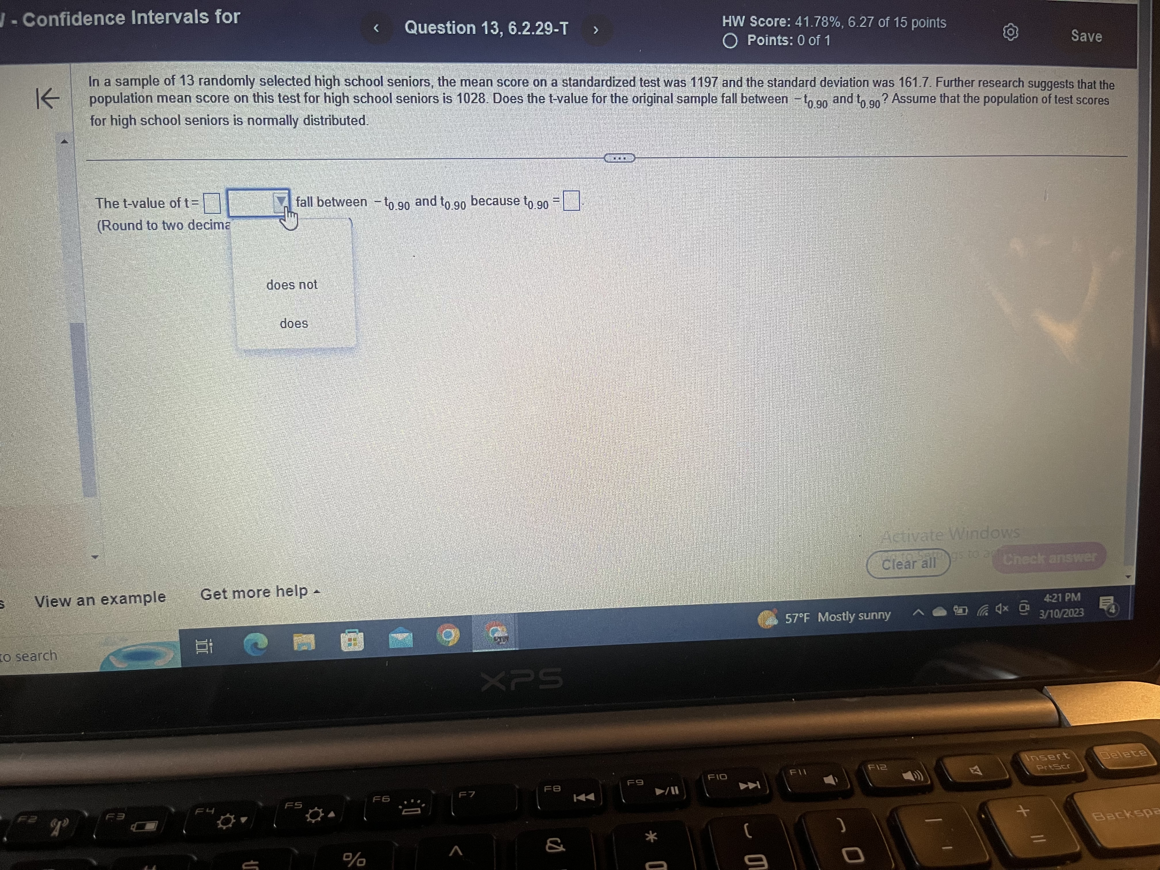 Please help - Confidence Intervals for HW Score: 41.78%, 6.27 of 15