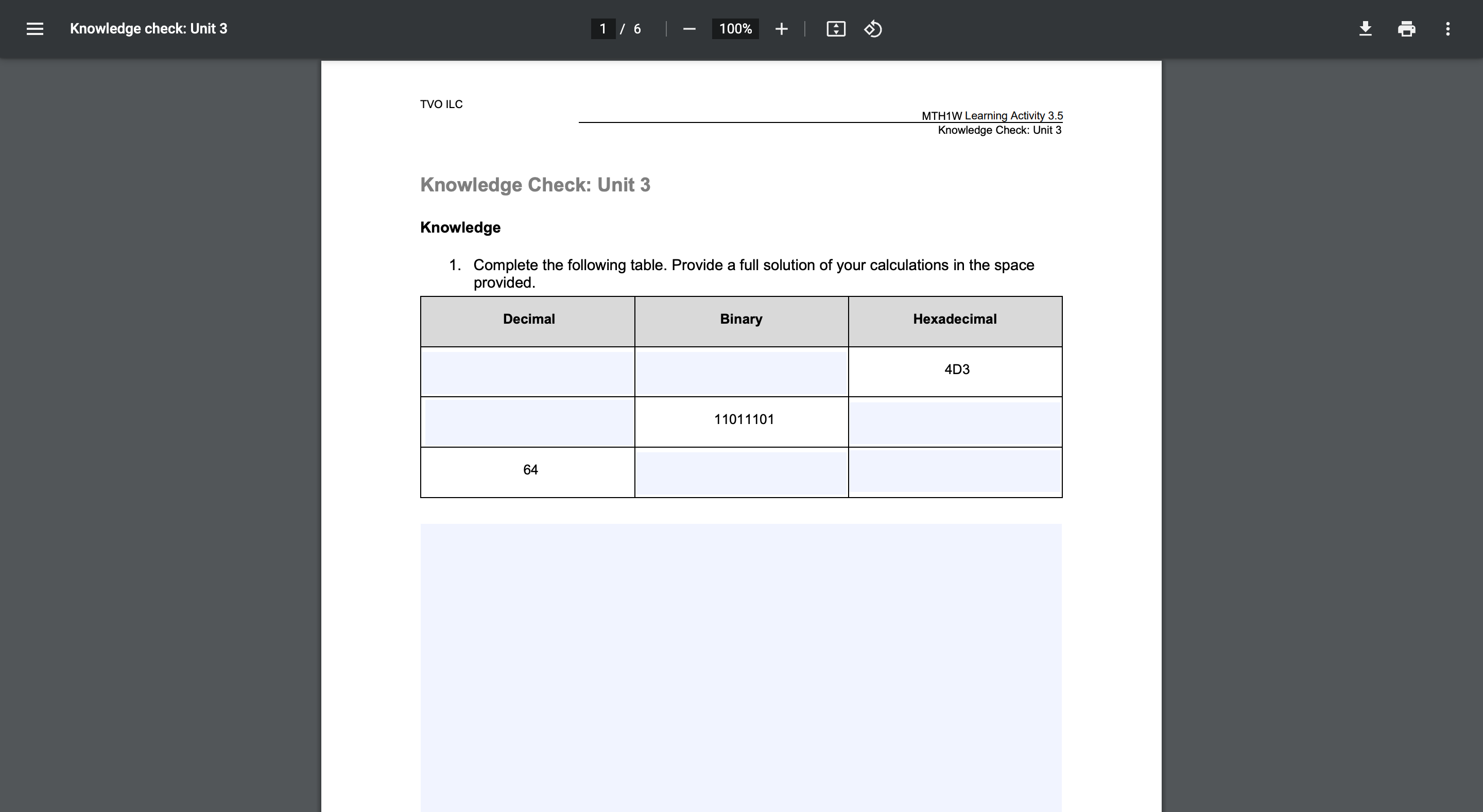 Knowledge check: Unit 3 MTH1W Learning Activity 3 5 Knowledge Check: