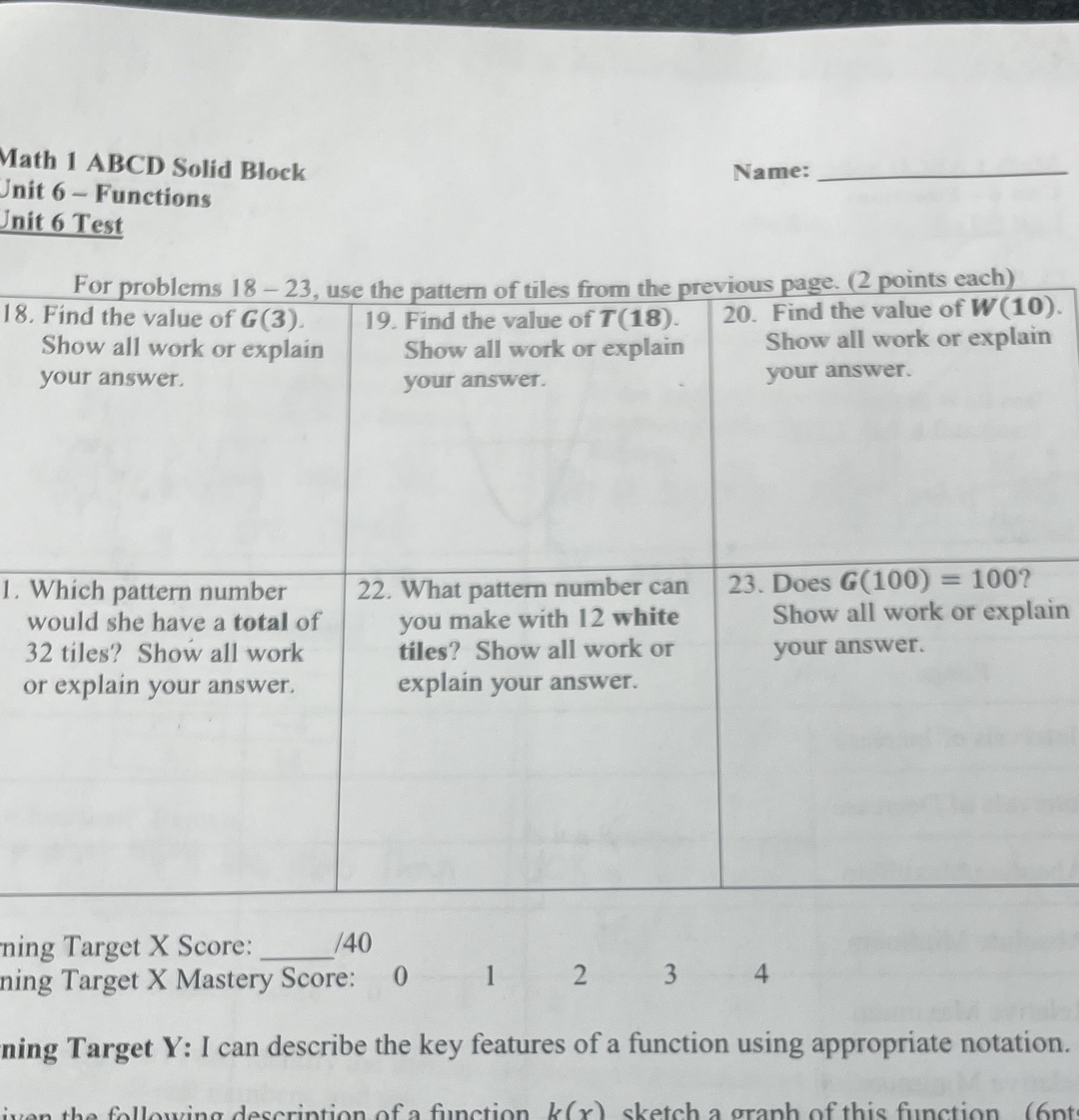  Math 1 ABCD Solid Block Unit 6 - Functions Name: Unit