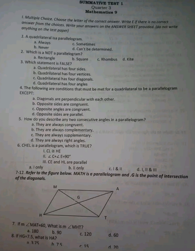 SUMMATIVE TEST 1 Quarter 3 Mathematics 9 1. Multiple Choice. Choose