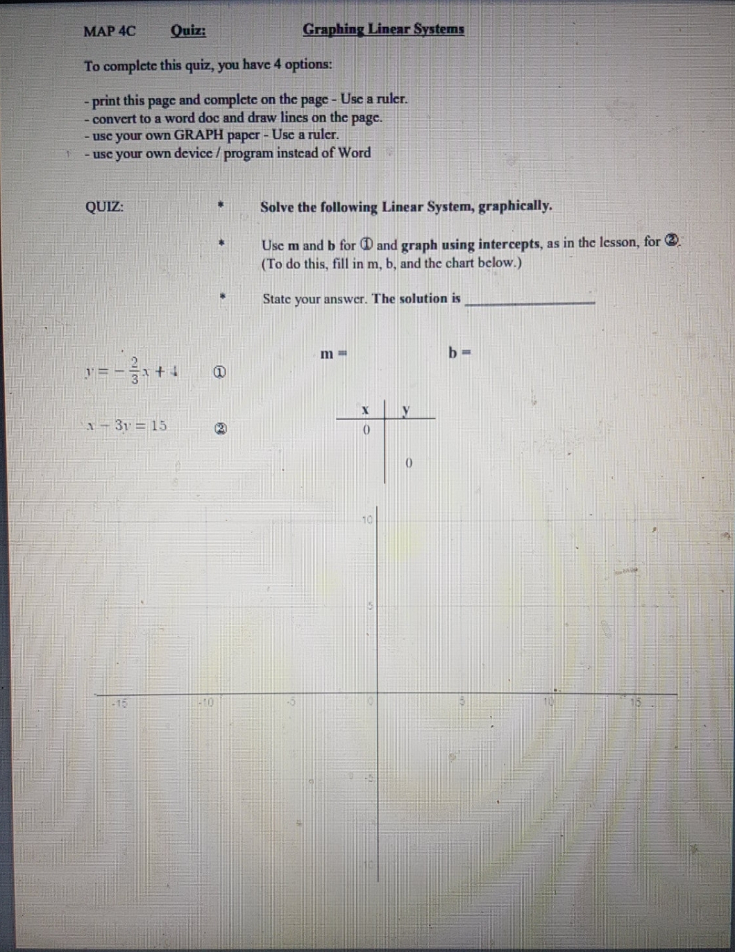 please solve and explain MAP 4C Quiz: Graphing Linear Systems To complete