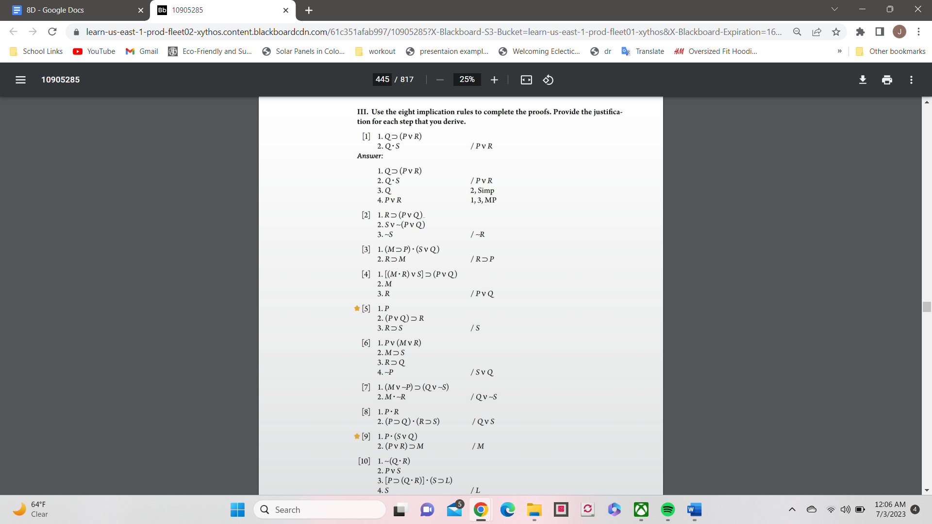 III. Use the eight implication rules to complete the proofs. Provide the