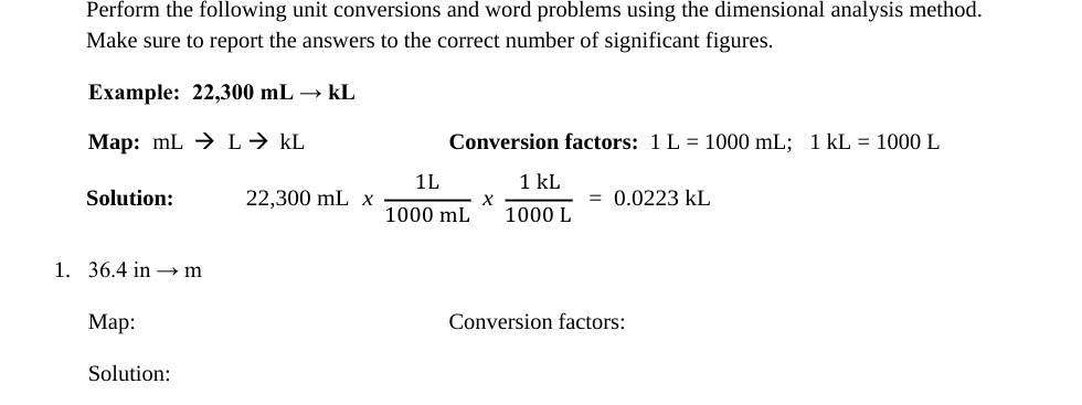 Perform the following unit conversions and word problems using the dimensional
