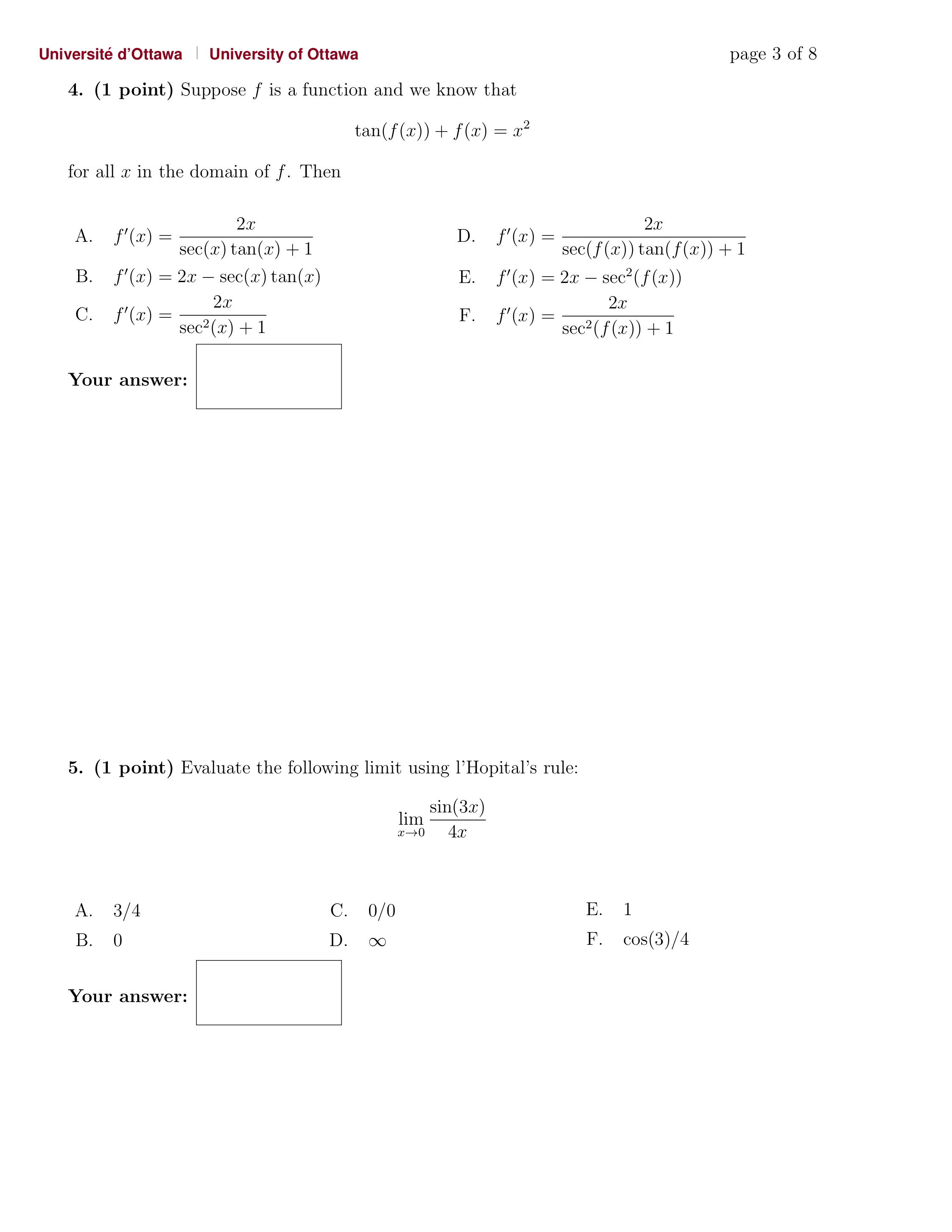 | University of Ottawa page 2 of 8 1. (1 point) If