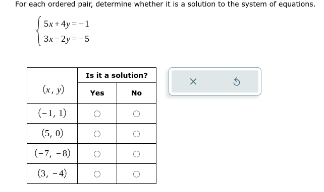  For each ordered pair, determine whether it is a solution to