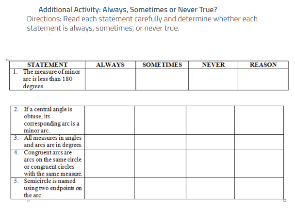 1. A chord that passes through the center. A. Radius 2. A