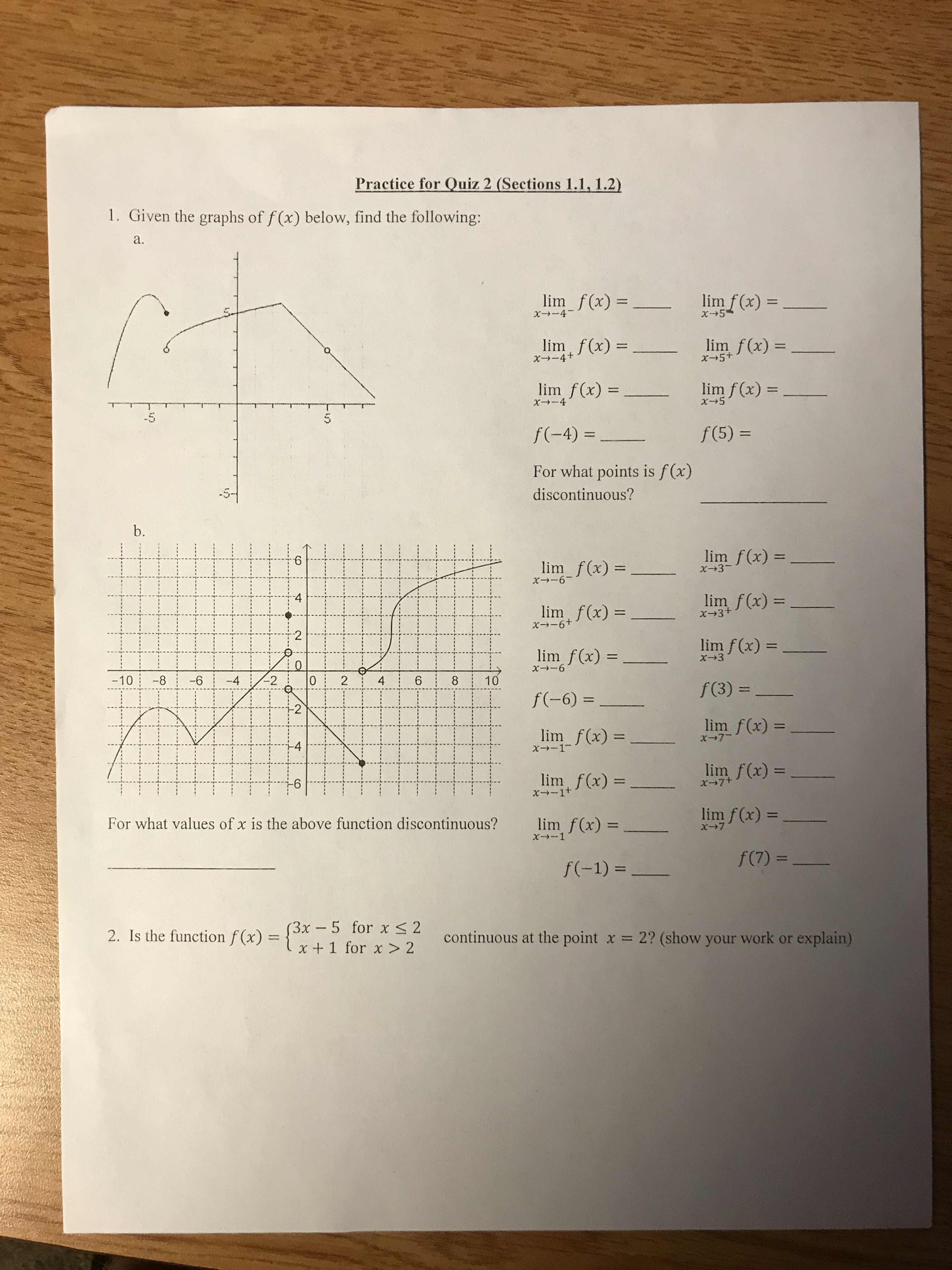Practice for Quiz 2 (Sections 1.1, 1.2) 1. Given the graphs