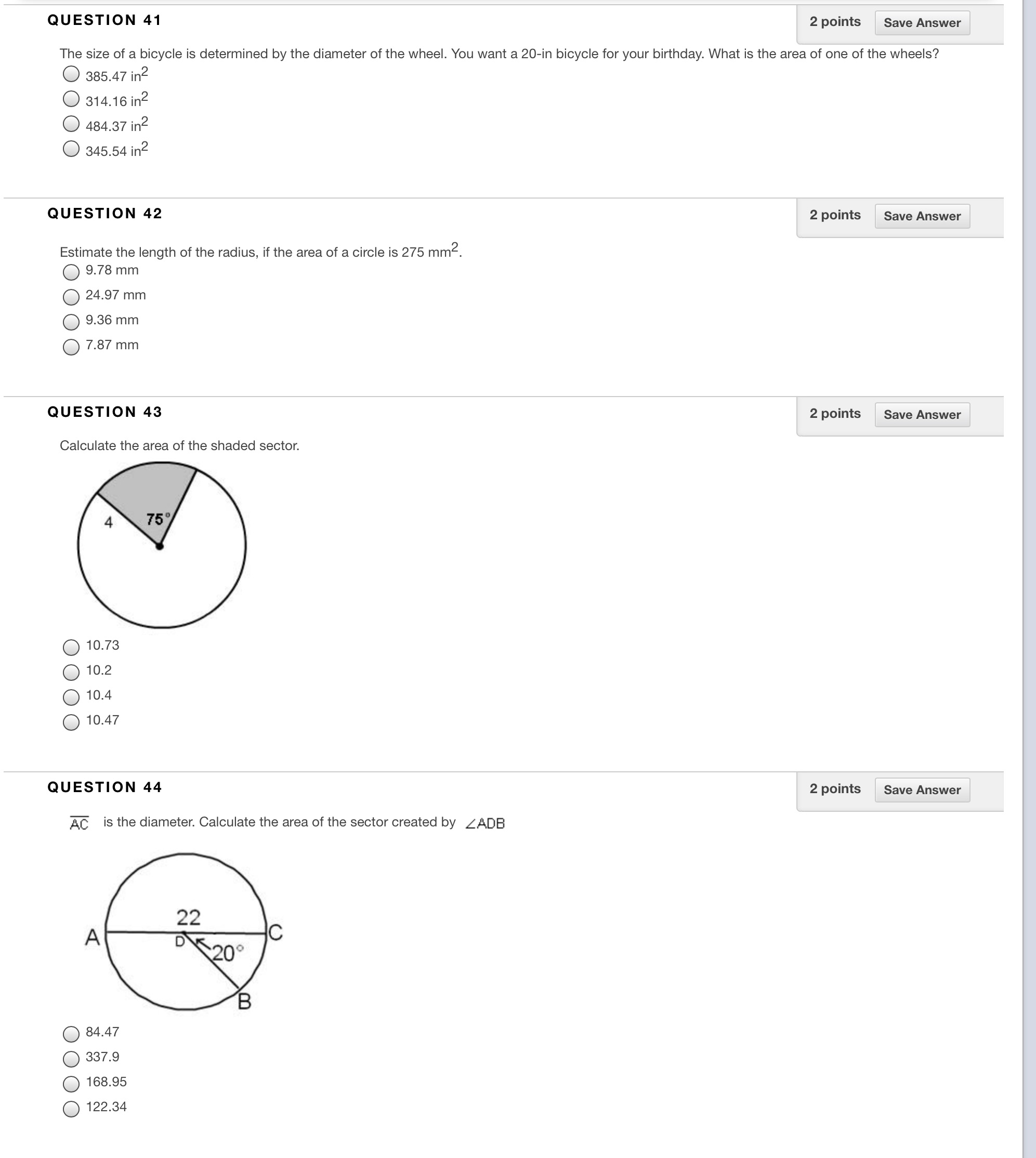Please answer 41-44 QUESTION 41 2 points Save Answer The size of