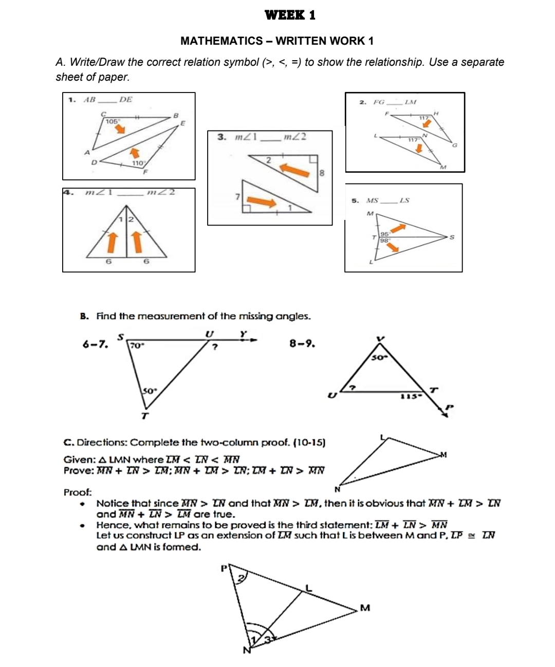  WEEK 1 MATHEMATICS - WRITTEN WORK 1 A. Write/Draw the correct