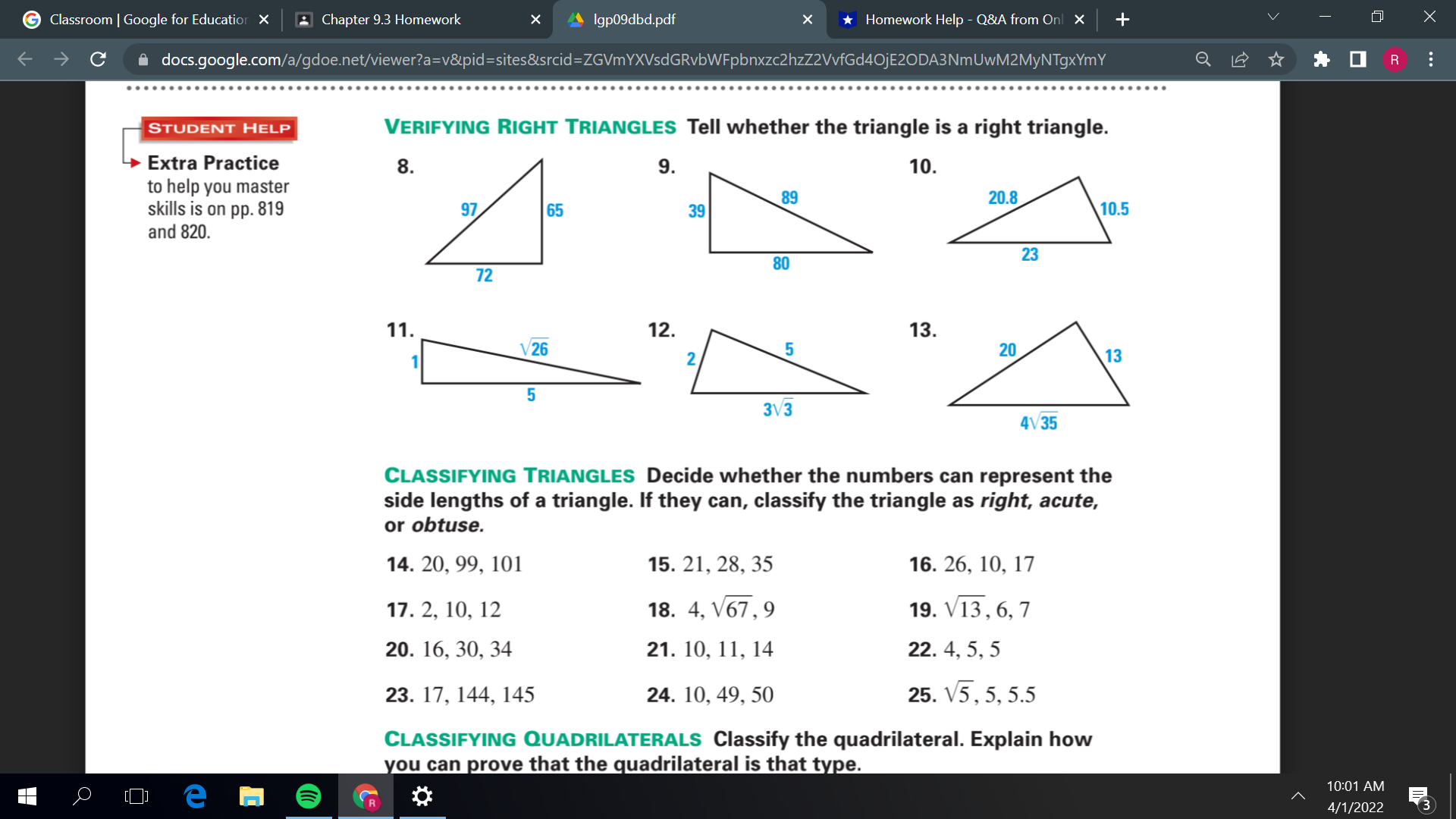 Answer 9 to 13Answer 15 to 19 (classify each triangle as acute,