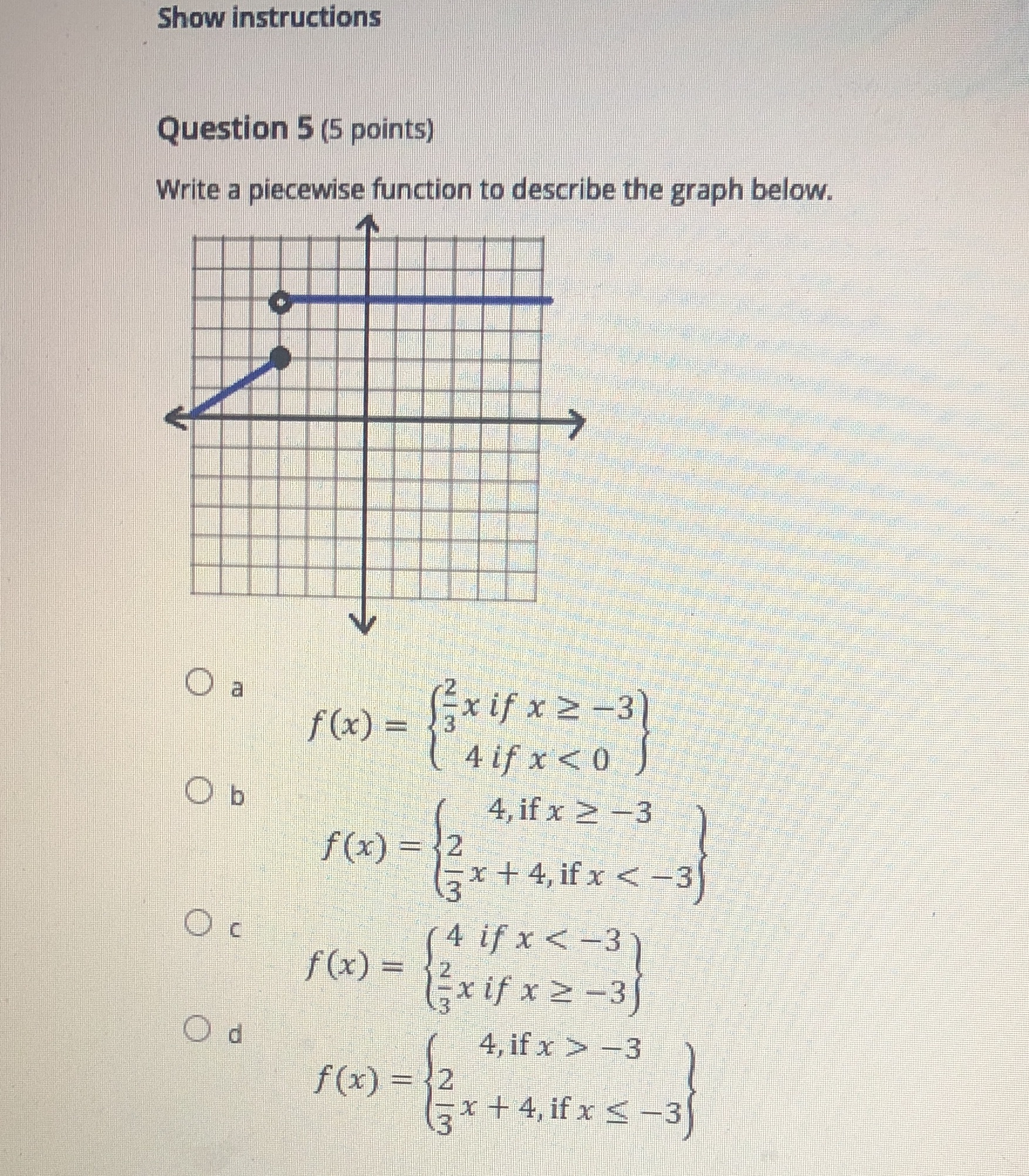 Show instructions Question 5 (5 points) Write a piecewise function to