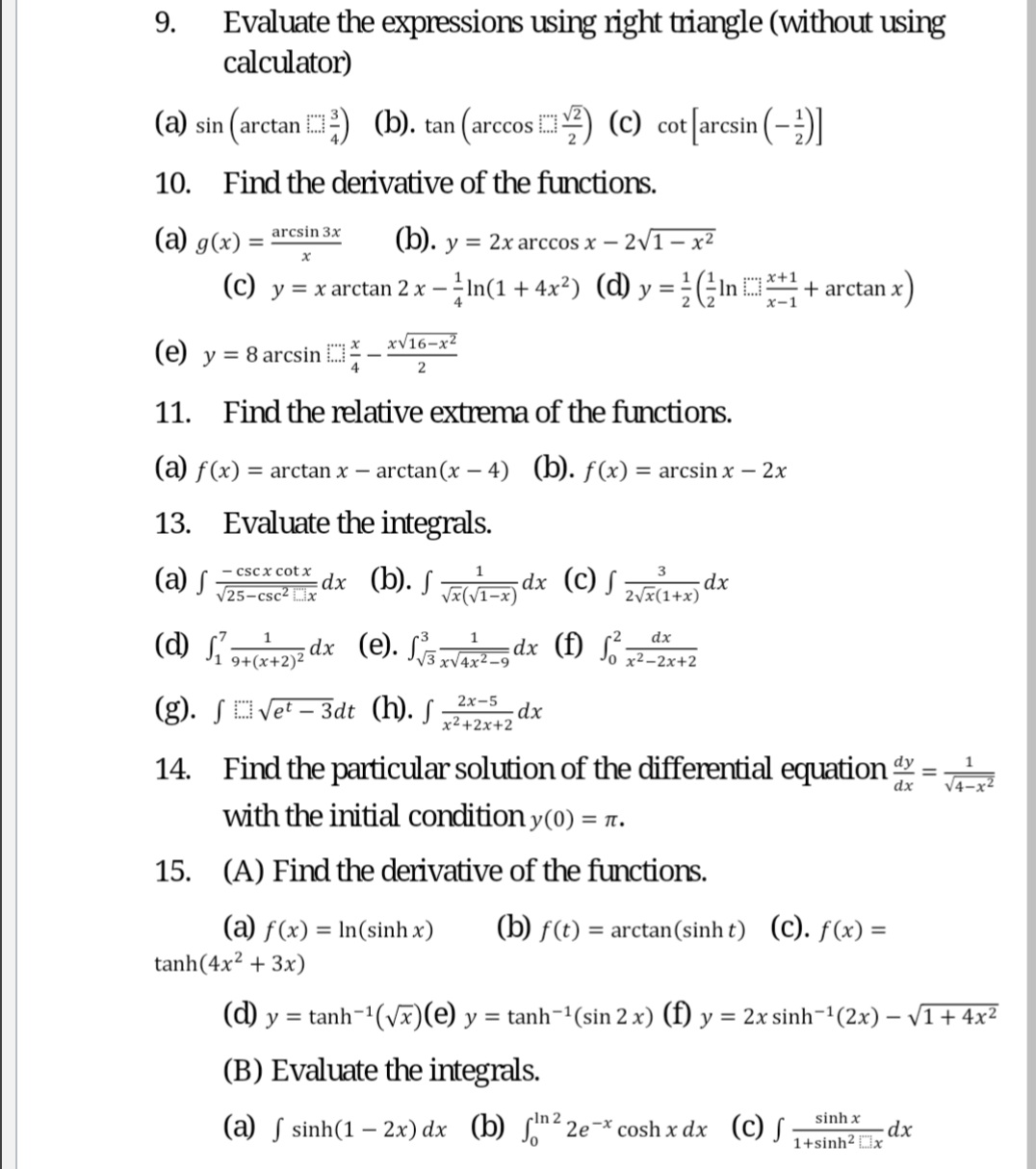  9. Evaluate the expressions using right triangle (without using calculator) (a)