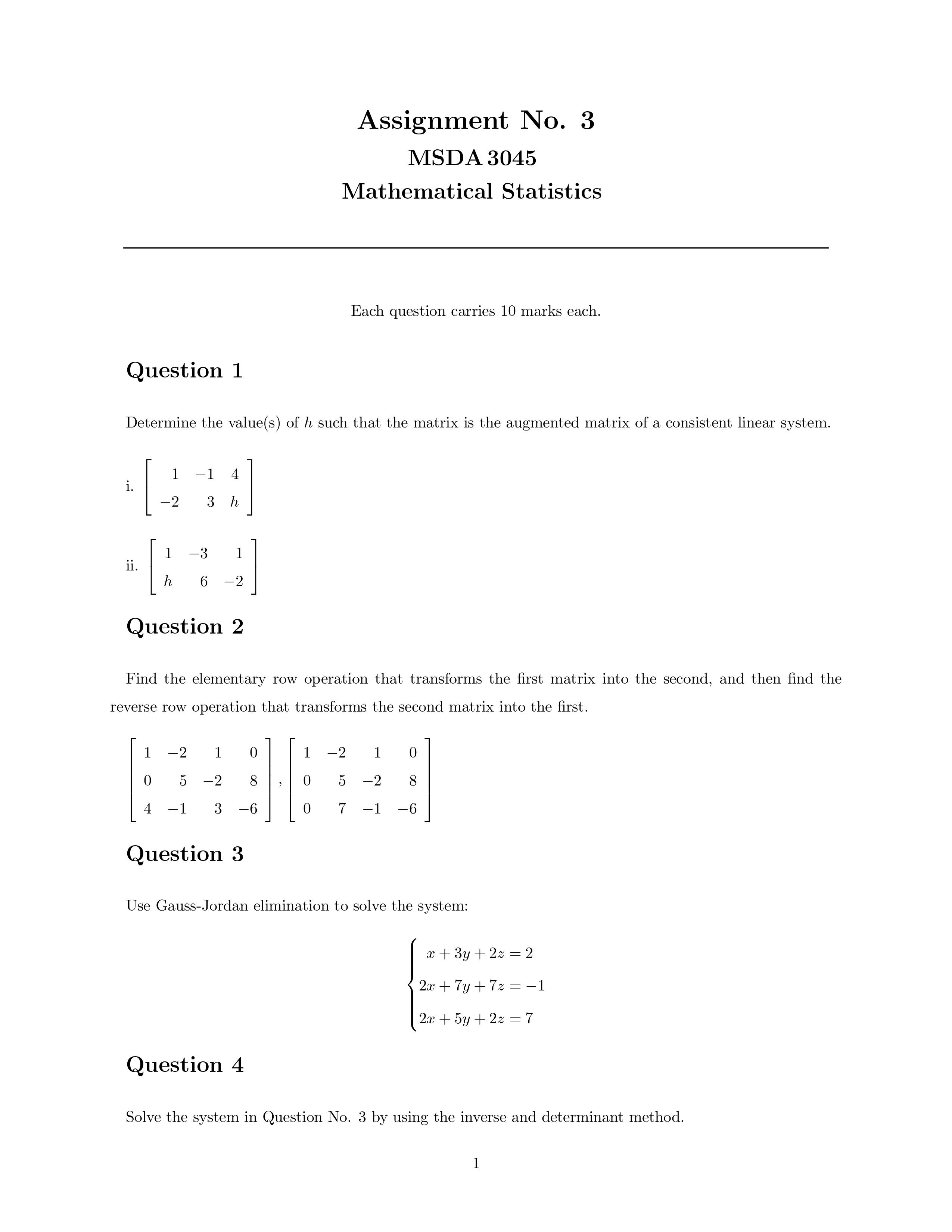 mathematical statistics msda assignment 3 Assignment No. 3 MSDA 3045 Mathematical Statistics