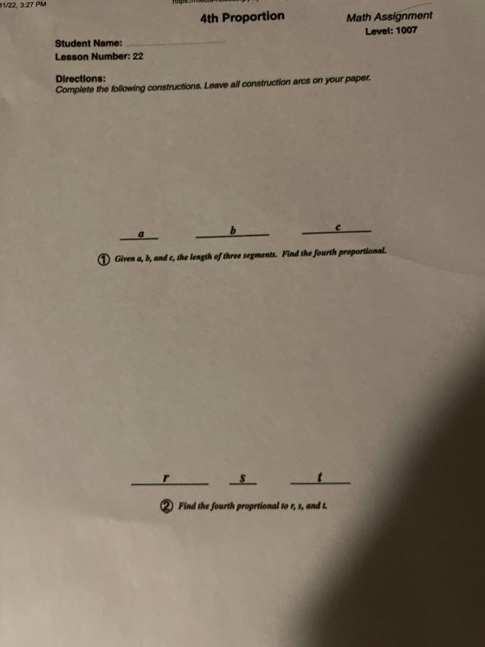  31/22, 3:27 PM 4th Proportion Math Assignment Student Name: Level: 1007