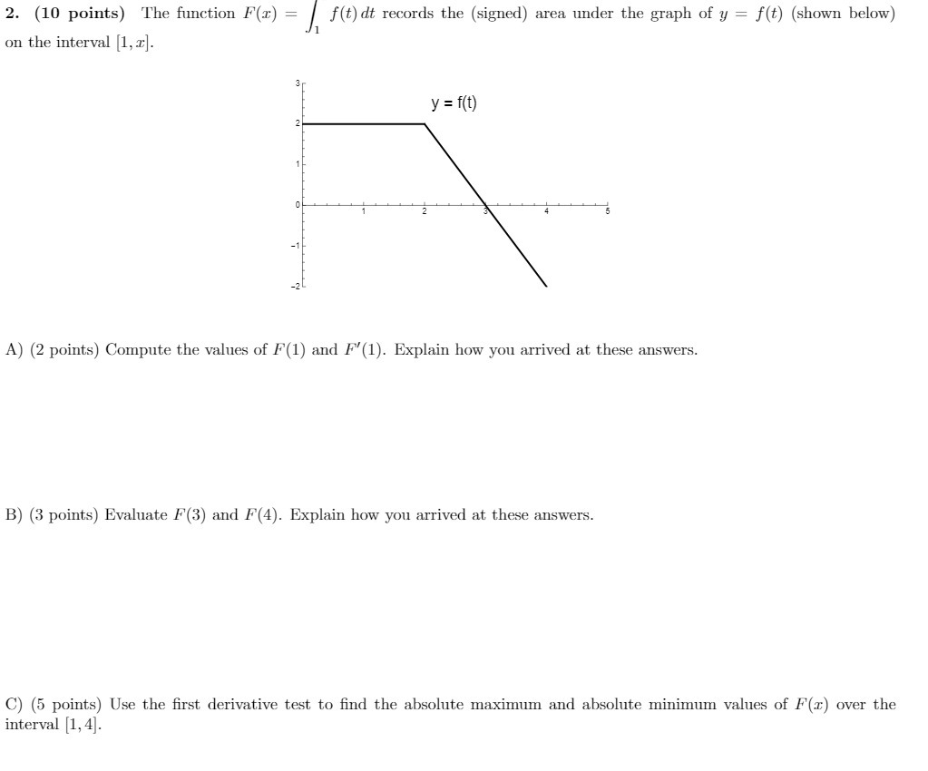  2. (10 points) The function F(x) = / f(t) dt records