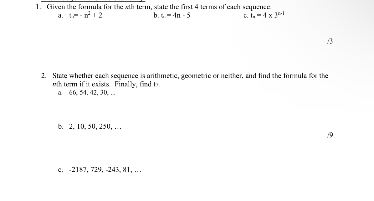 Please do 1 and 2 1. Given the formula for the nth