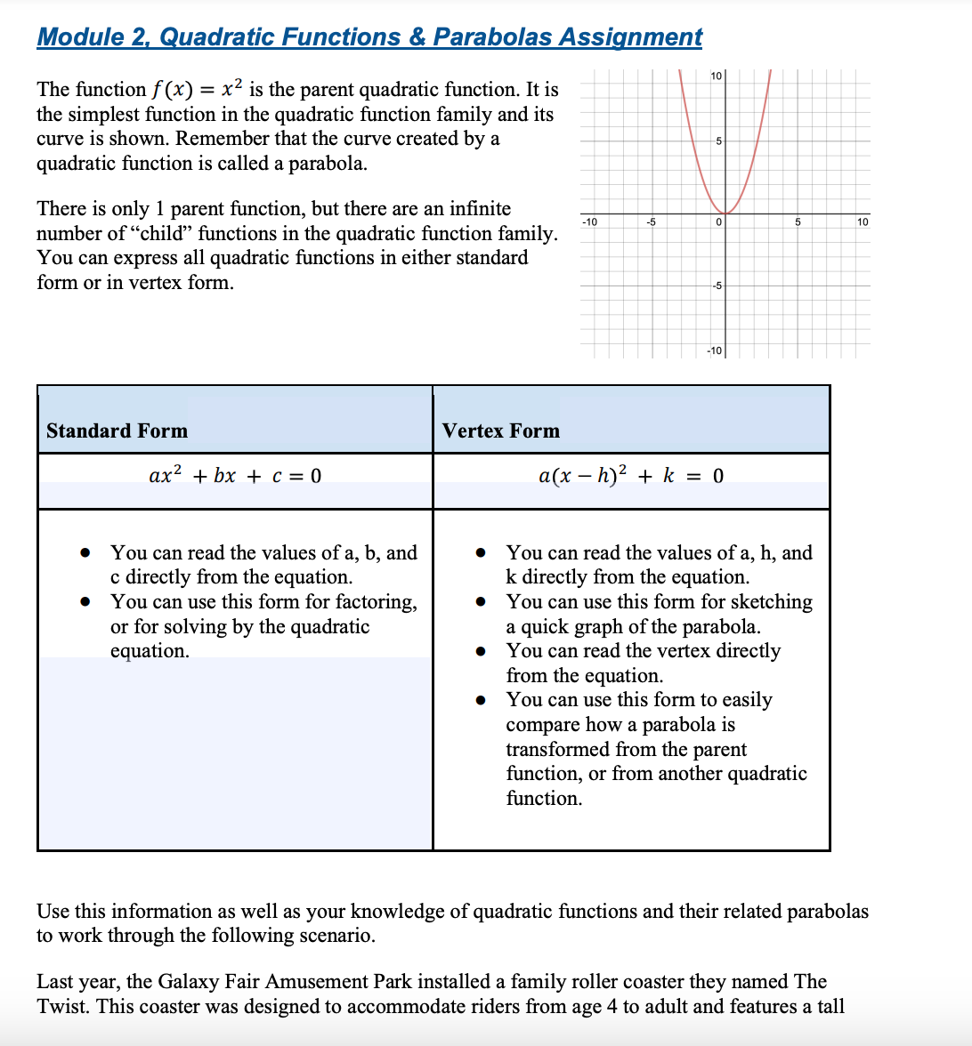  Module 2, Quadratic Functions & Parabolas Assignment The function f(x) =