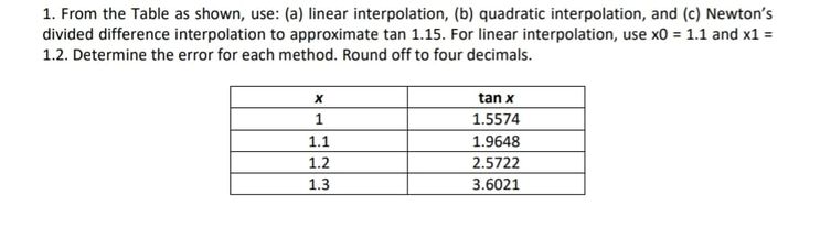  1. From the Table as shown, use: {a} linear interpolation, lb}