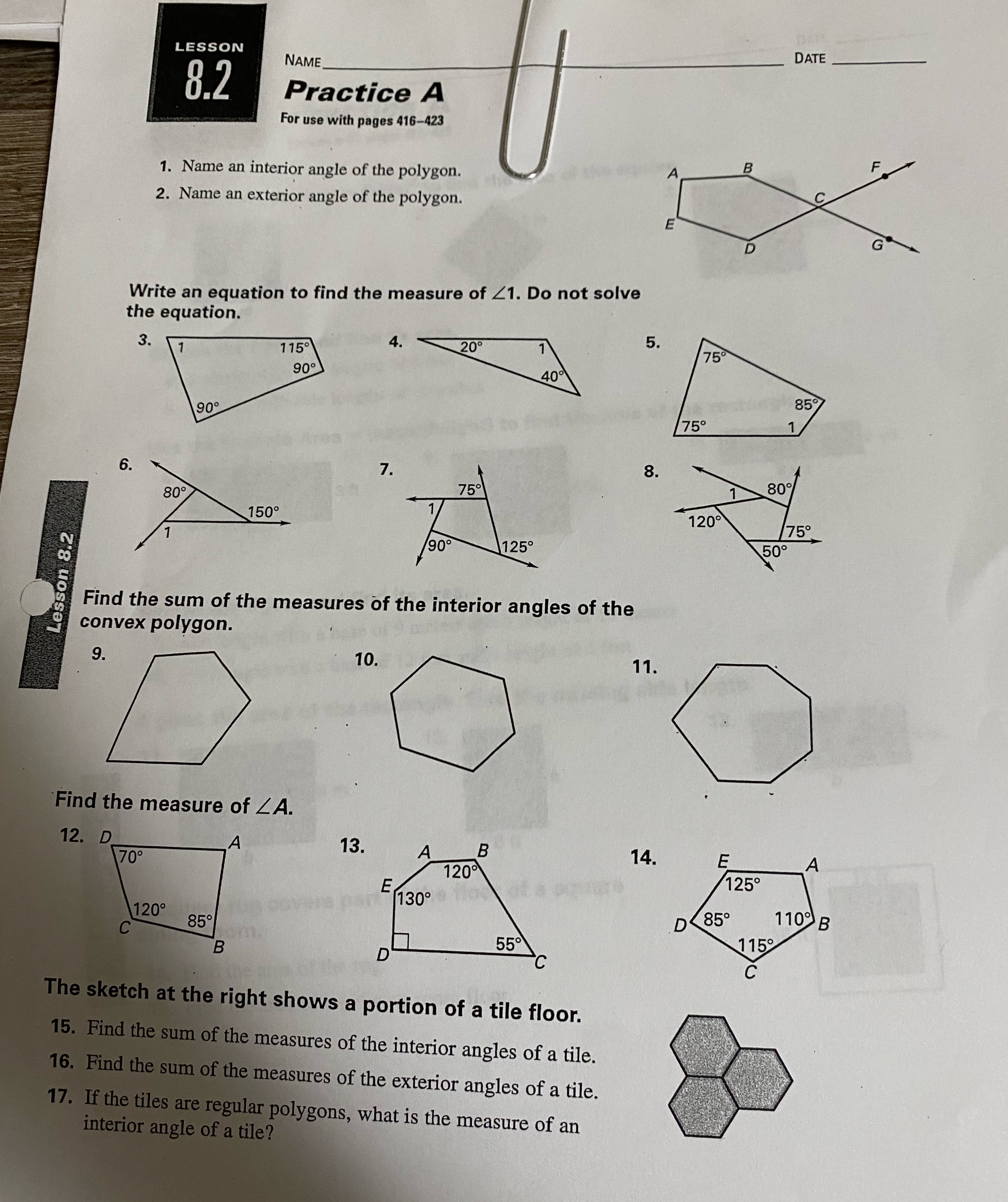 8.2 LESSON DATE 8.2 NAME. Practice A For use with pages 416-423