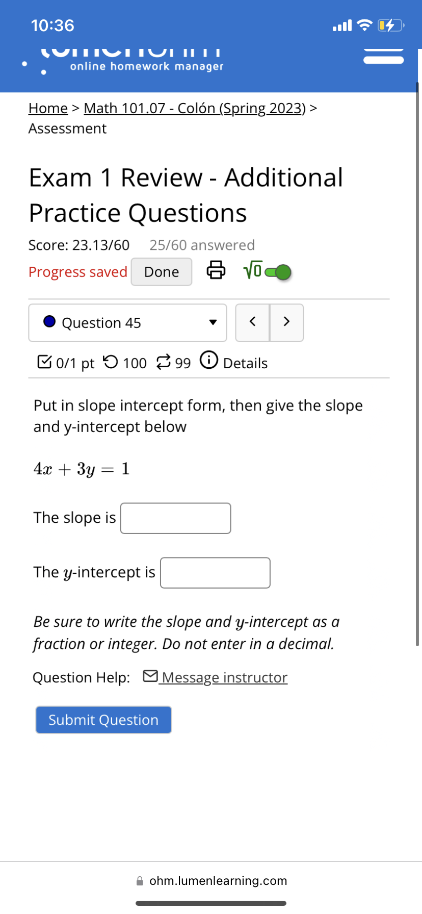 Help: 8 Message instructor Submit Question E ohm.lumen|earning.com 10236 lumenohm online homework