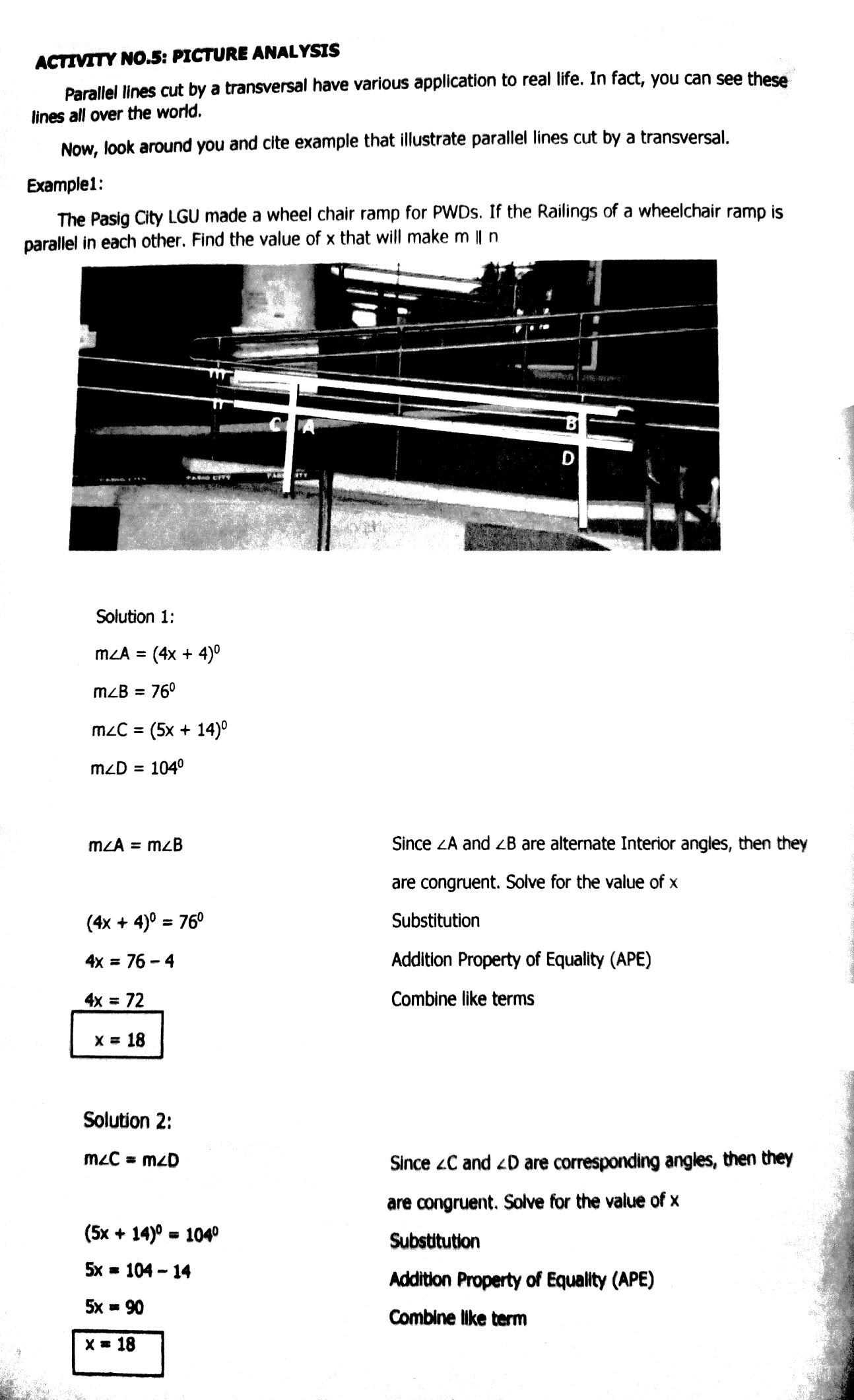 Parallel Lines and Perpendicularity ACTIVITY NO.5: PICTURE ANALYSIS Parallel lines cut by