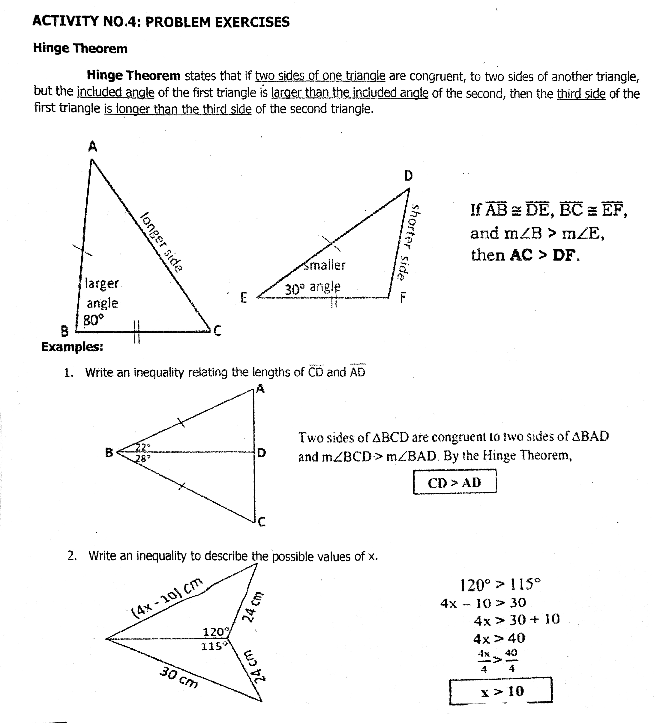  ACTIVITY No.4: PROBLEM EXERCISES Hinge Theorem Hinge Theorem states that if