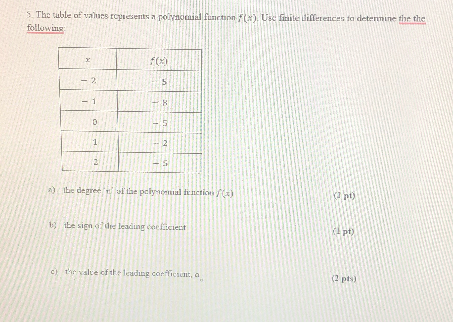 5. The table of values represents a polynomial function f (x).