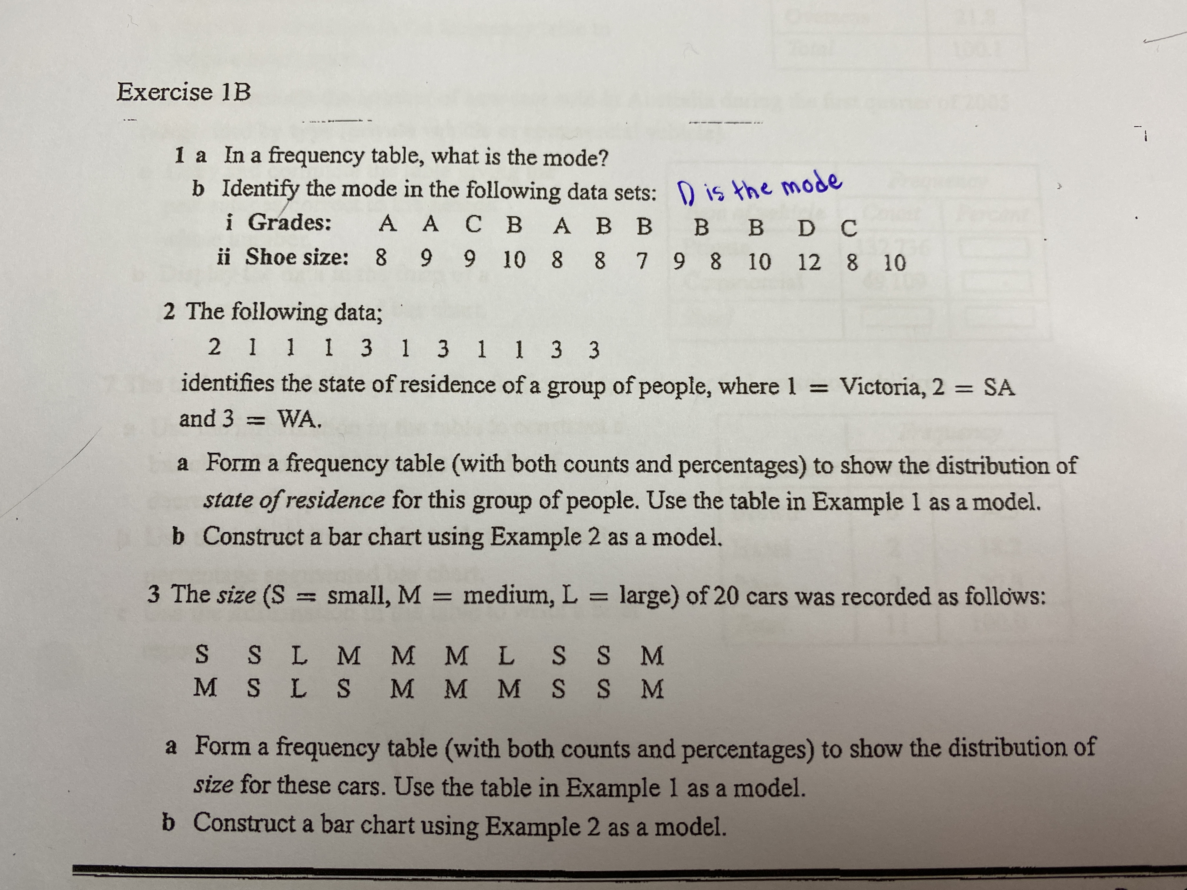 Exercise 1B 1 a In a frequency table, what is the