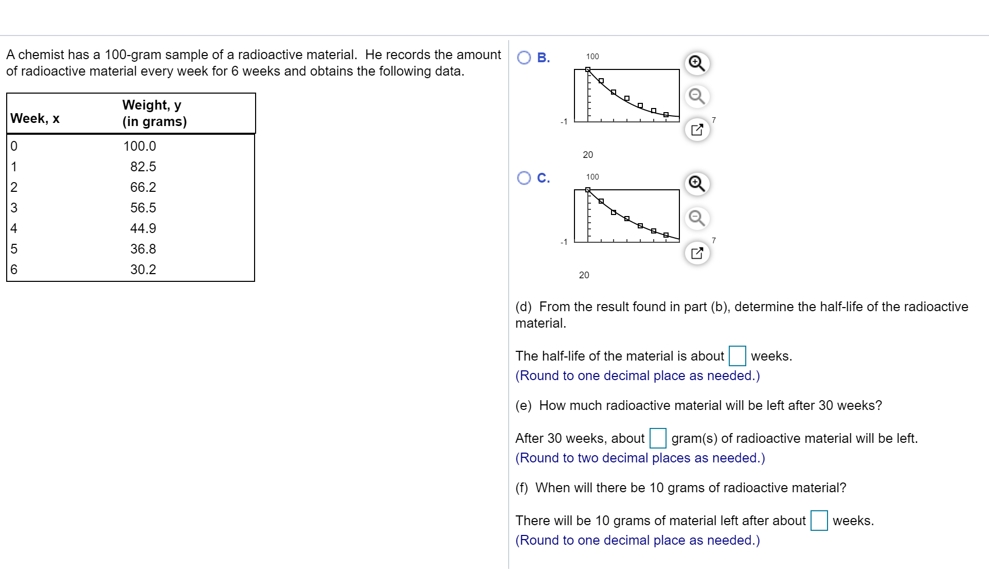 a radioactive material. He records the amount (a) Treating week, x, as