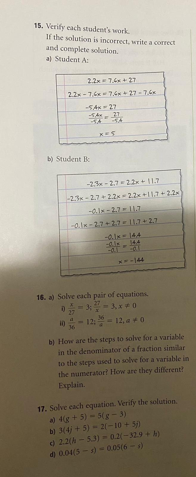 please help with steps 15. Verify each student's work. If the solution