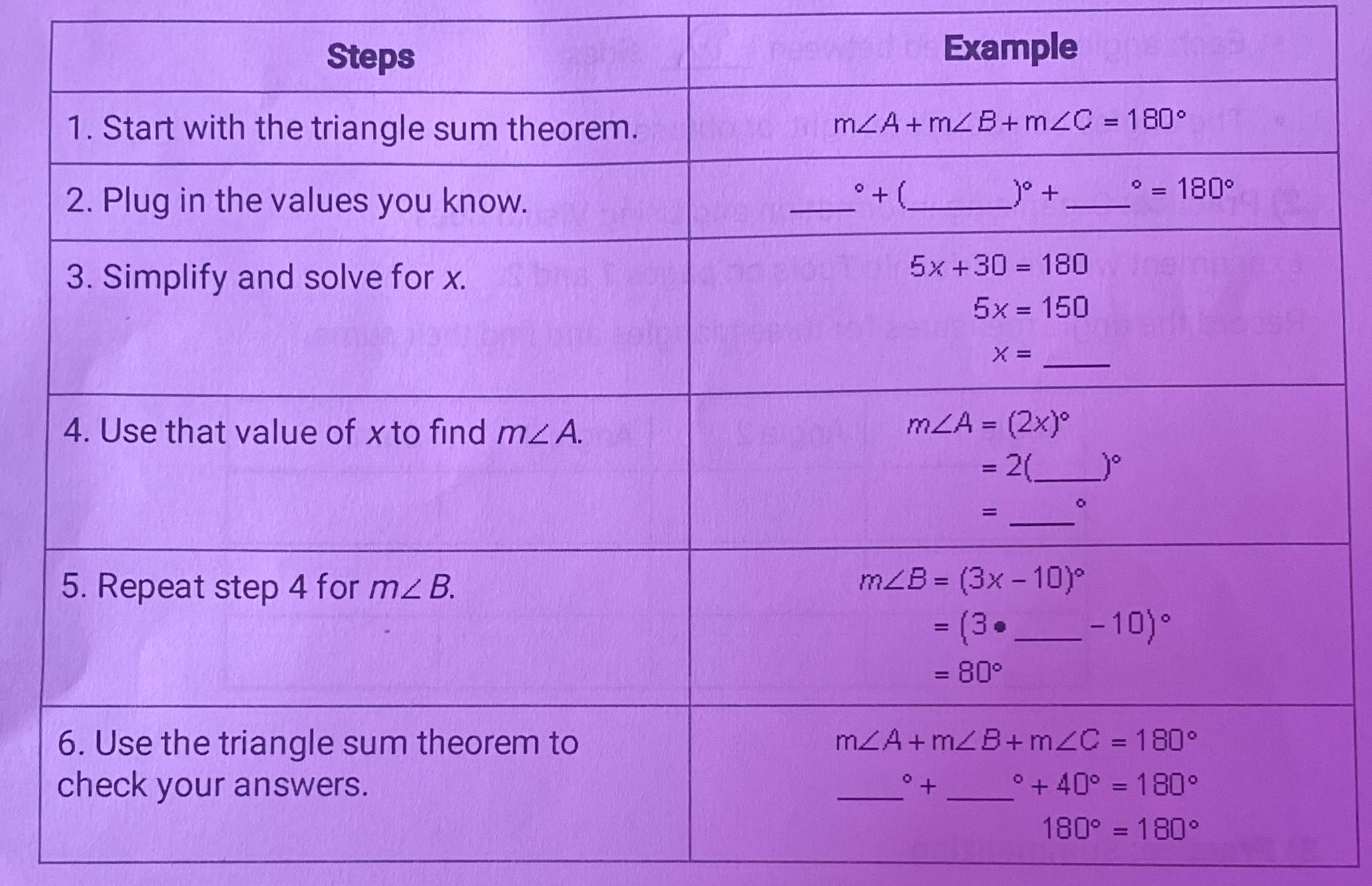  Steps Example 1. Start with the triangle sum theorem. mZA+ m/B+mZC