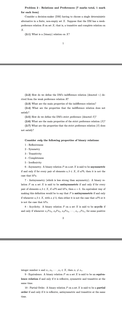  Problem 2 - Relations and Preferences (T marks total, 1 mark