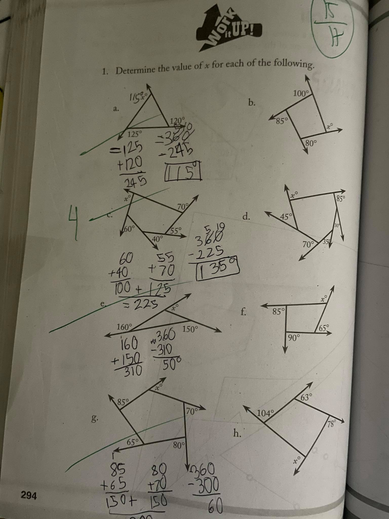 please answer a-h Work OH. UP! 1. Determine the value of x