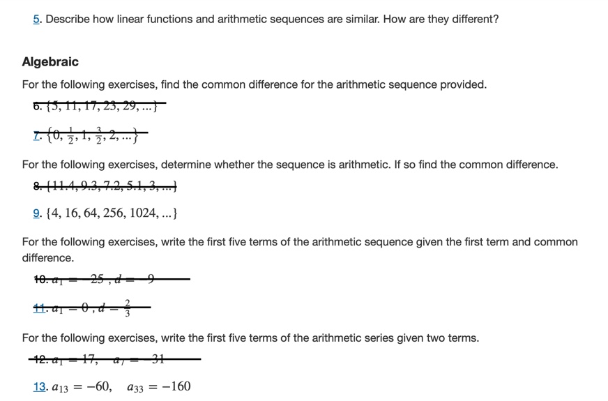  5. Describe how linear functions and arithmetic sequences are similar. How