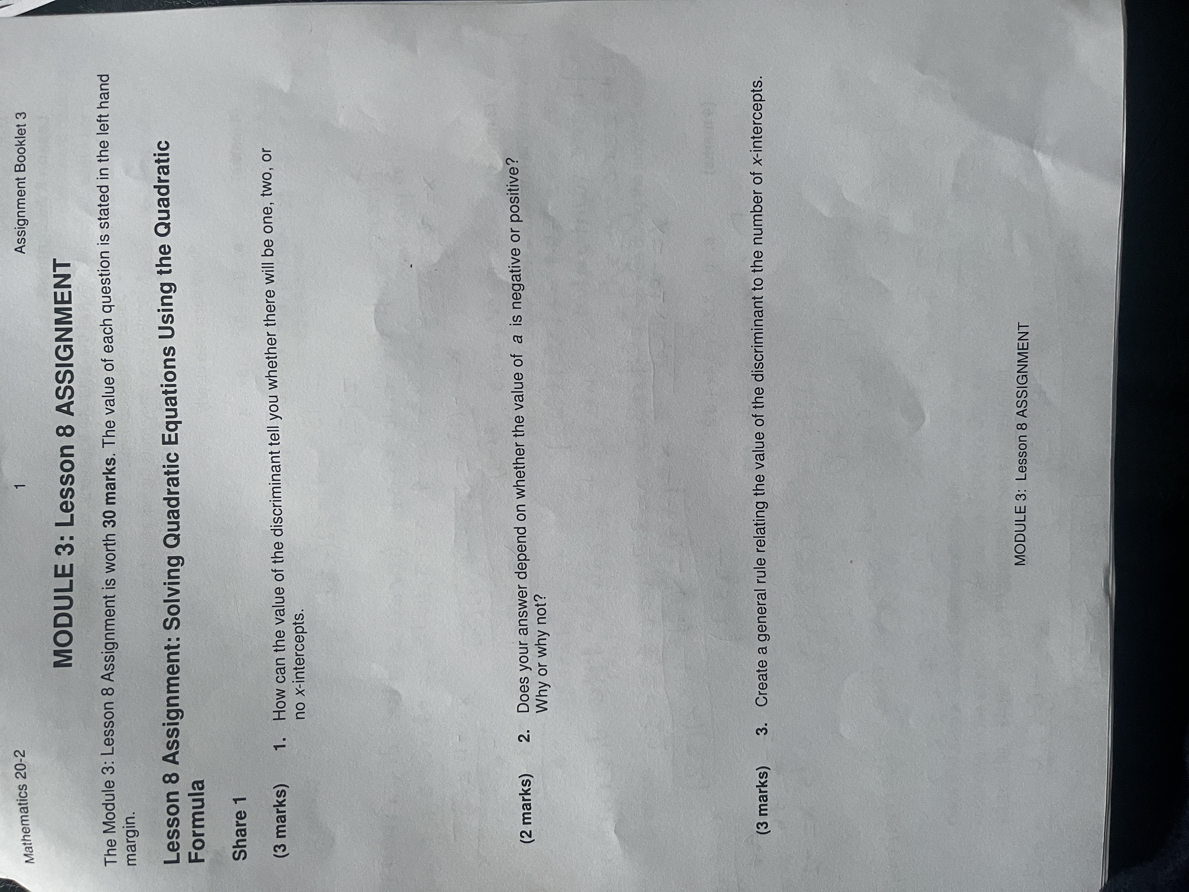  Mathematics 20-2 Assignment Booklet 3 MODULE 3: Lesson 8 ASSIGNMENT The