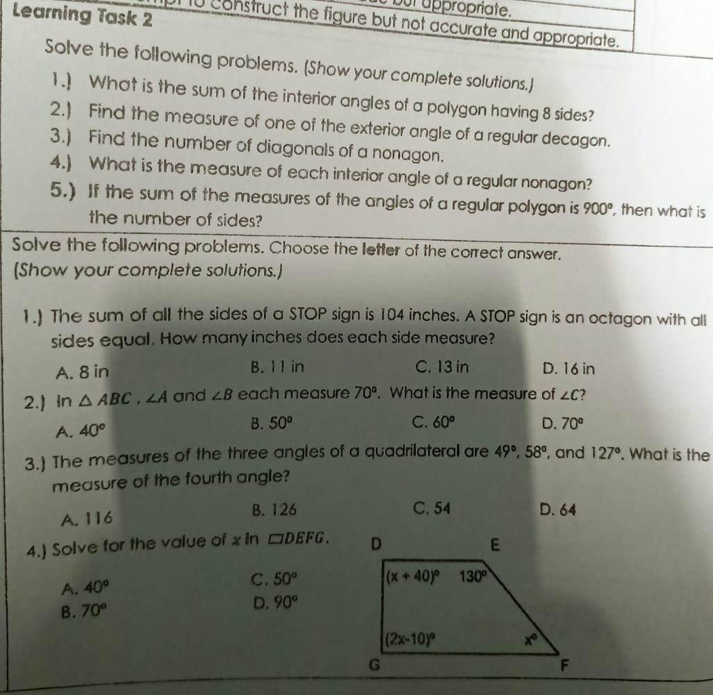  Learning Task 2 appropriate. Construct the figure but not accurate and