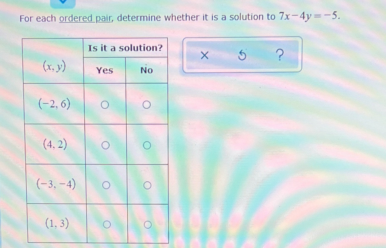 For each ordered pair, determine wether is a solution to 7x-4y=-5 For