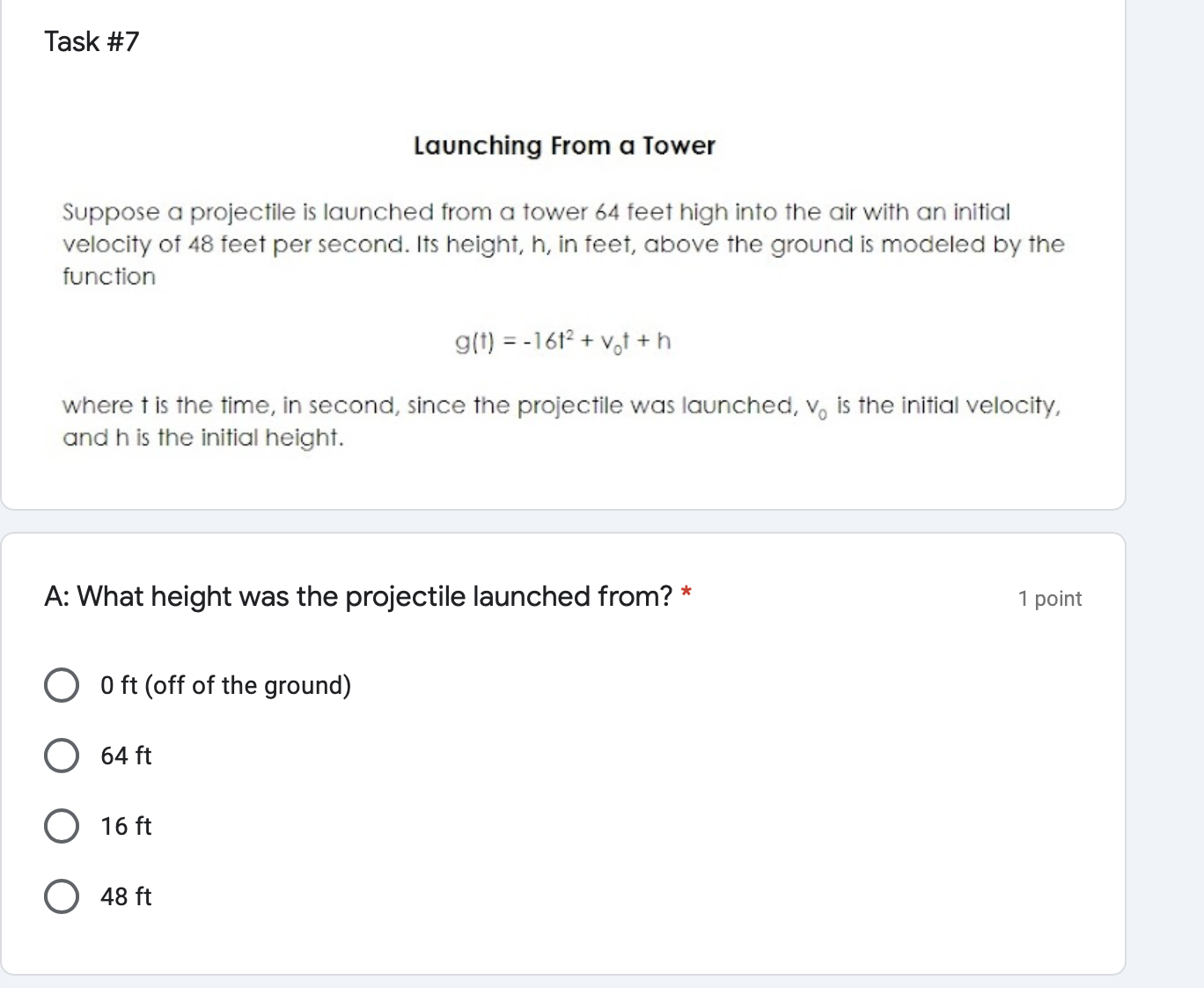in feet from the ground at t seconds after he threw it.