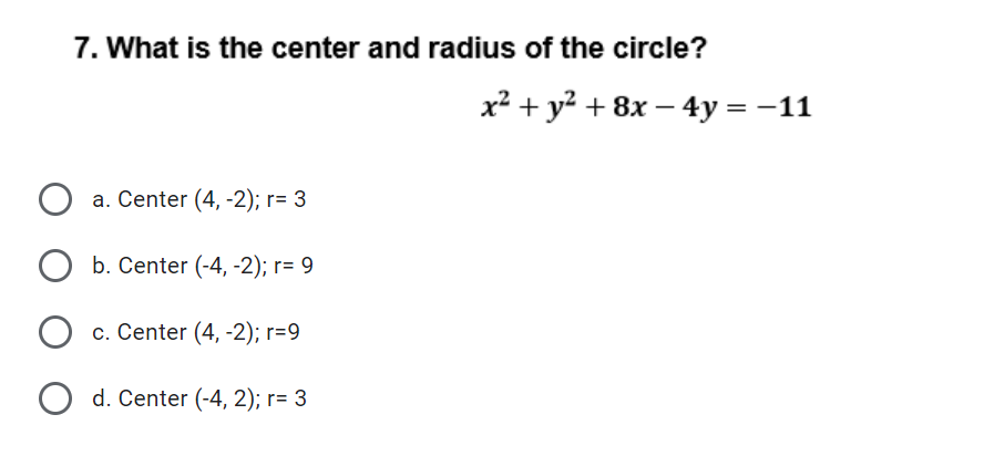 1) c. The radius is 32 O d. The center is at