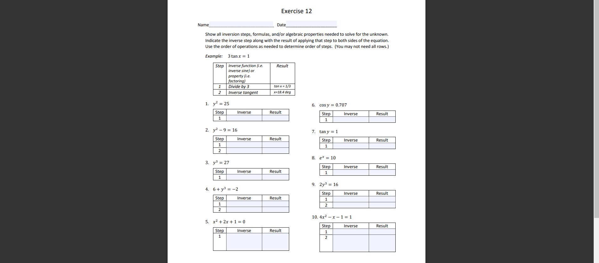 Hello, I need help solve these inverse problemsthank you Exercise 12 Name