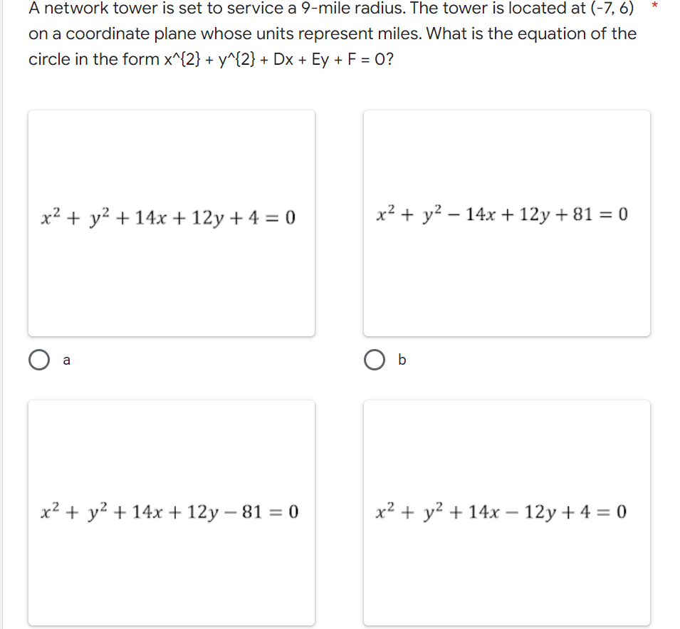 a * diameter? 0 a. The center is at the origin. 0