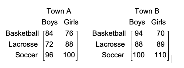 If we let matrixAbe the matrix for Town A, what is the