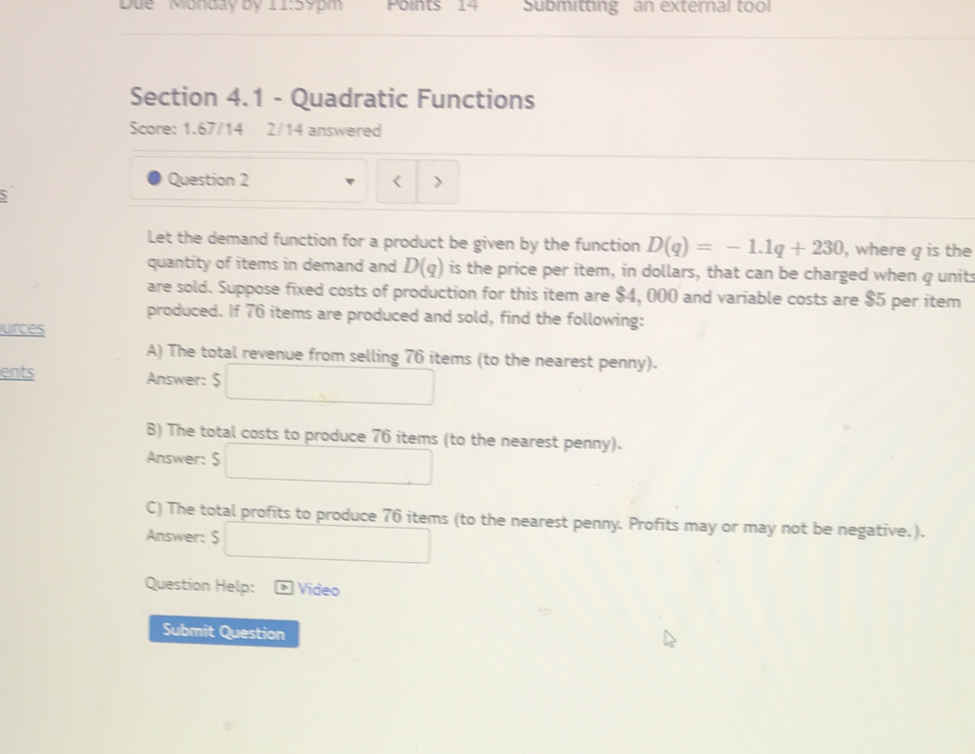 an external tool Section 4.1 - Quadratic Functions Score: 1.67/14 2/14