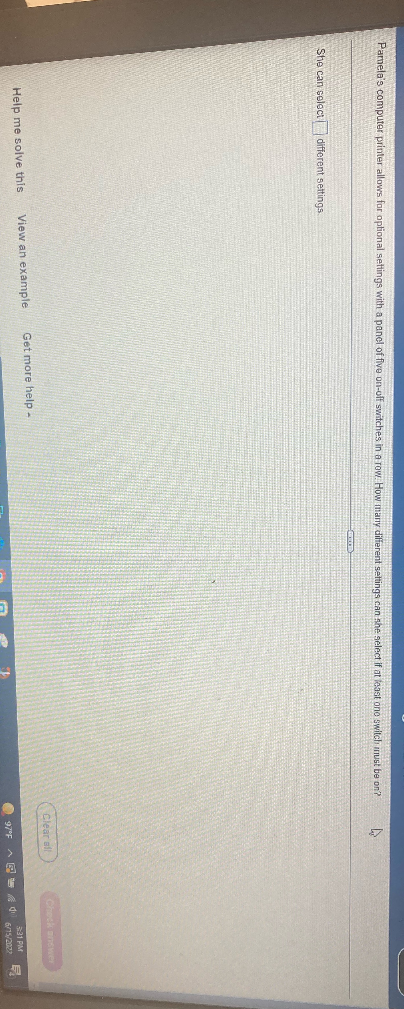  Pamela's computer printer allows for optional settings with a panel of
