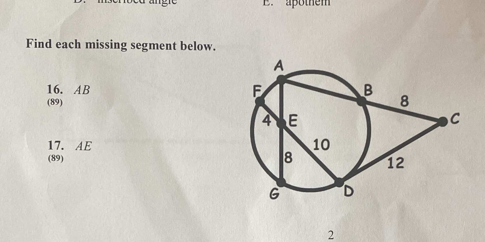 Find each segment. Thanks! L. apothem Find each missing segment below. A