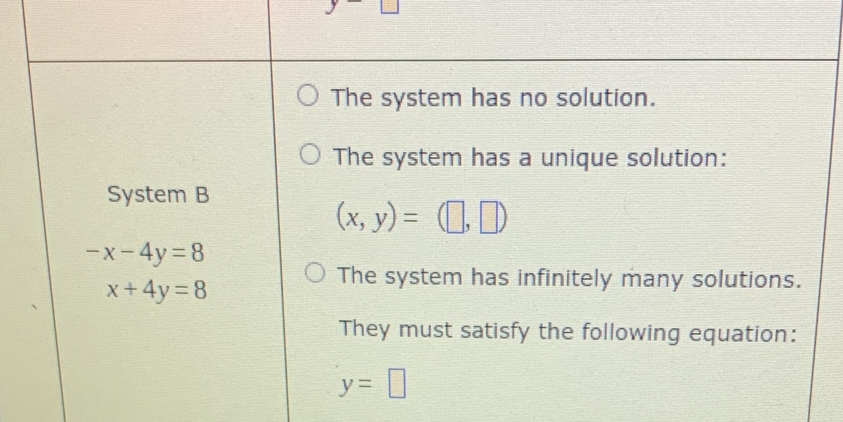 O The system has no solution. O The system has a