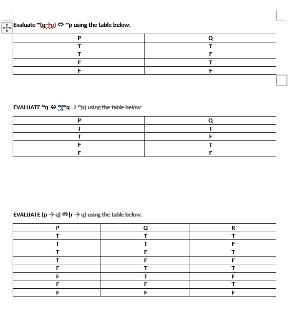  to Evaluate "(g 20) "["q > "p) using the table below.