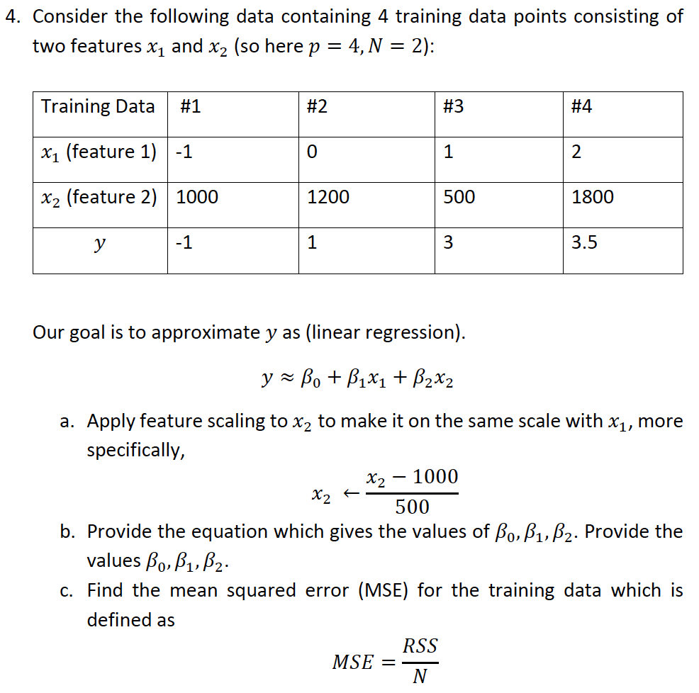  4. Consider the following data containing 4 training data points consisting