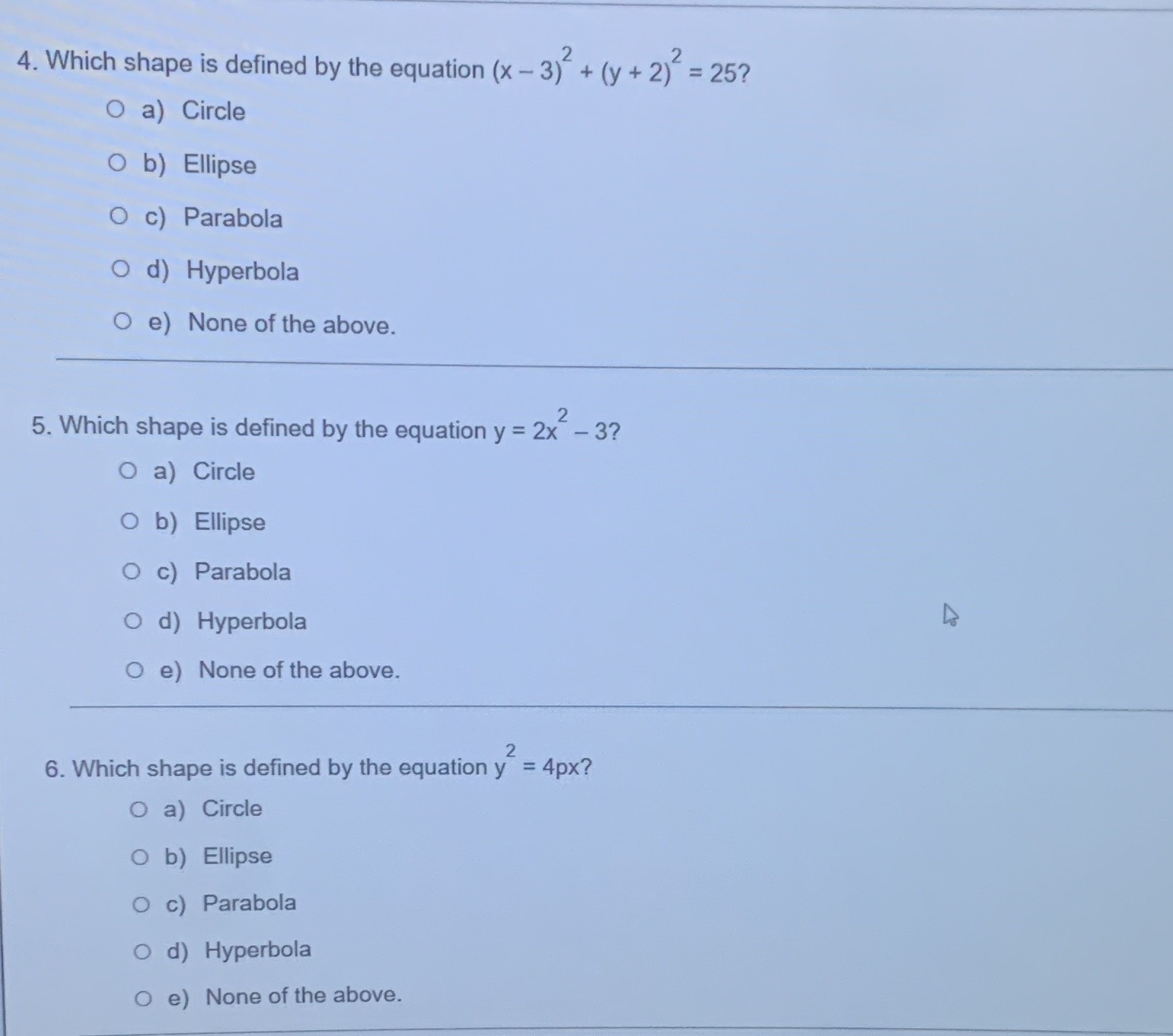 4,5,6 4. Which shape is defined by the equation (x - 3)